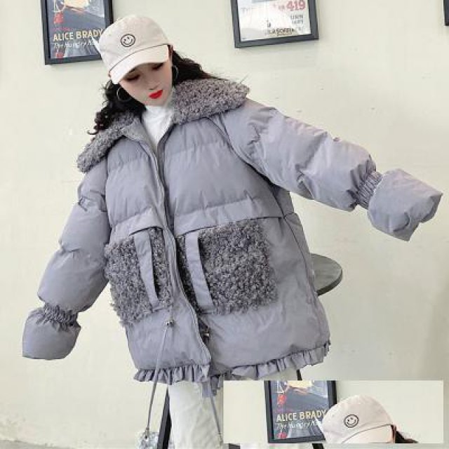 2019秋冬新款韩版时尚颗粒绒拼接女士外套棉服羽绒服供应