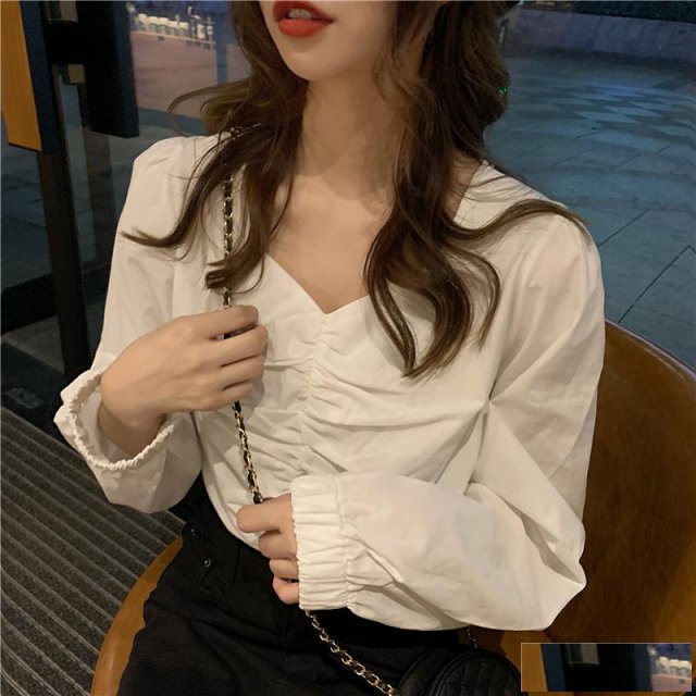 新款秋装女上衣气质褶皱v领小衫宽松显瘦百搭短款