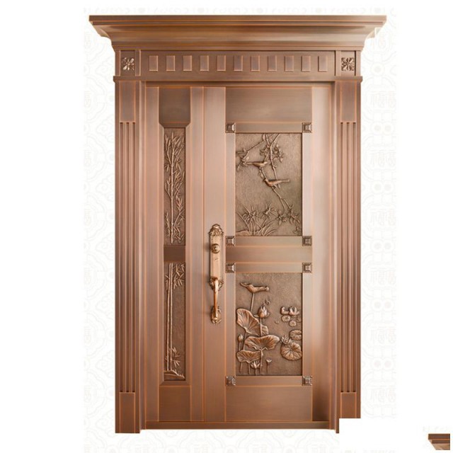 家用客厅进户铜门别墅子母入户现代风格铜雕门金七福免费设计