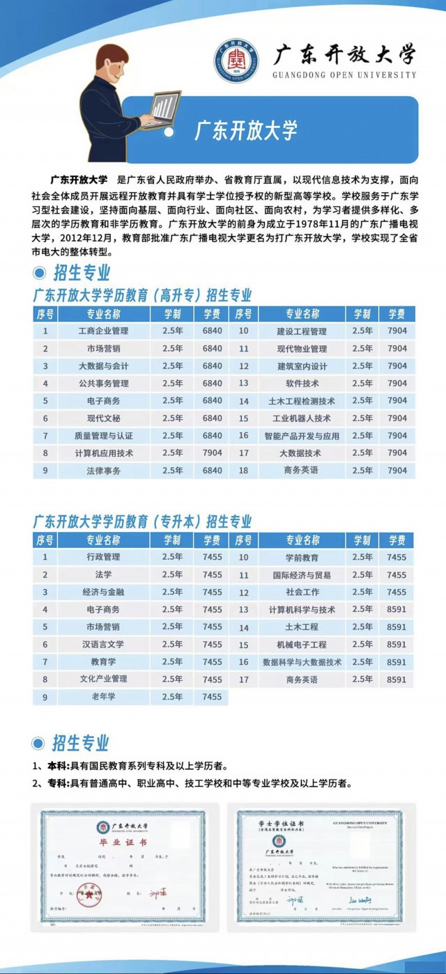 成人大专、本科学历提升；免试入学